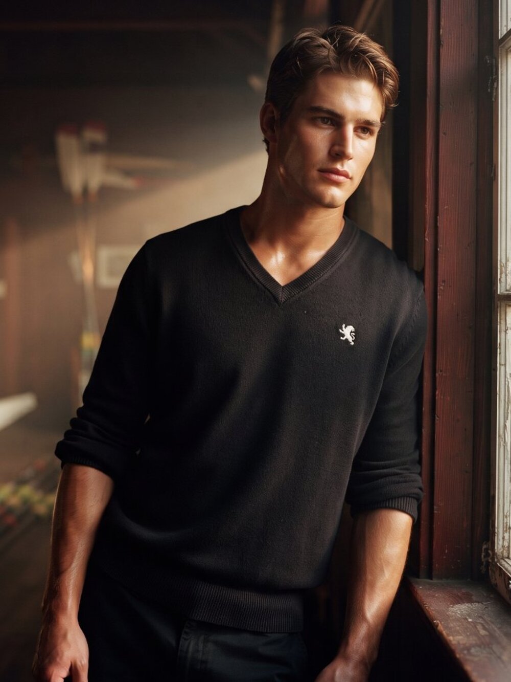 Express Men M Sweater Black Cotton Vintage V-Neck Griffin Icon Minimalist Prep